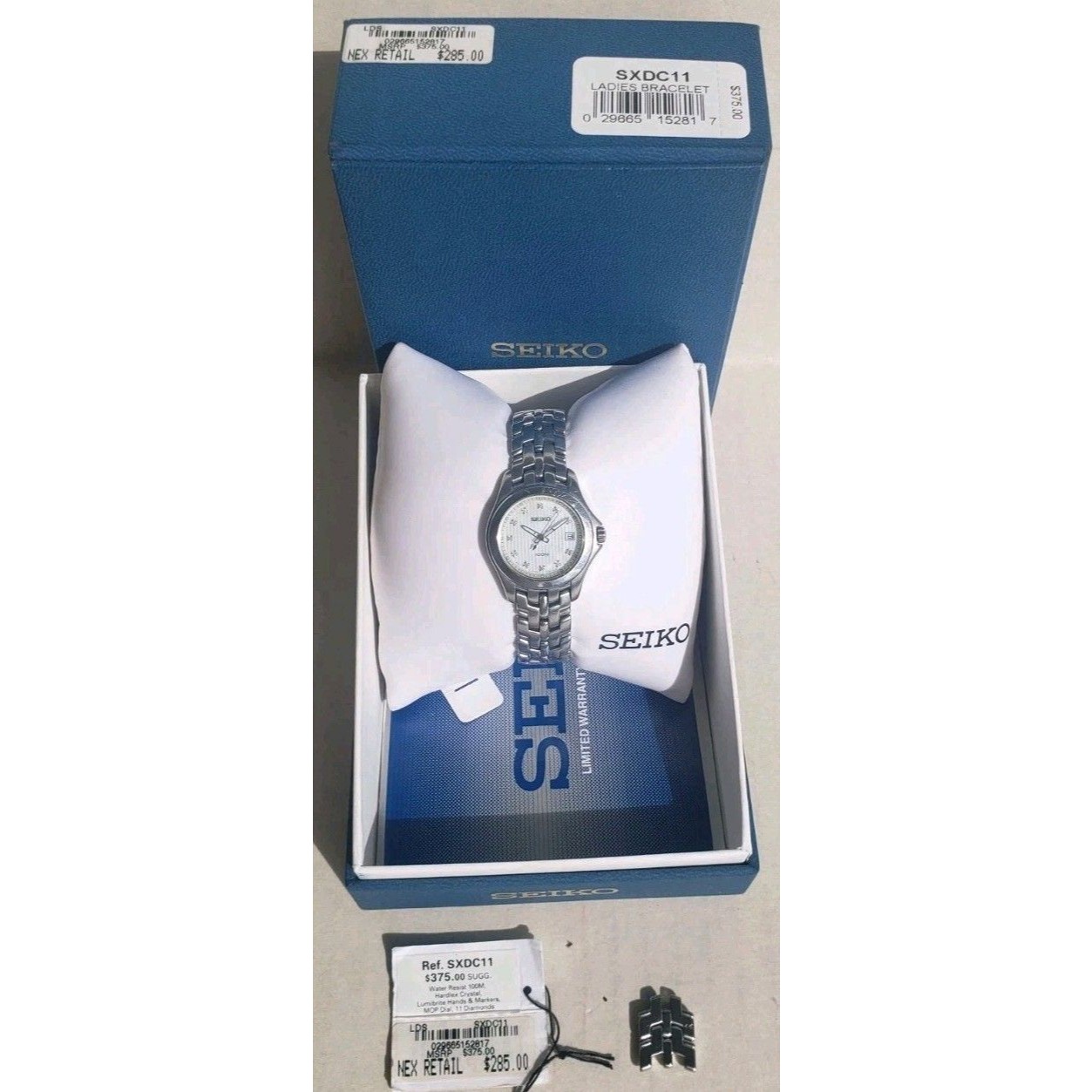 Seiko Womens Mother Of Pearl Dial Stainless Steel Diamond Watch Sxdc11